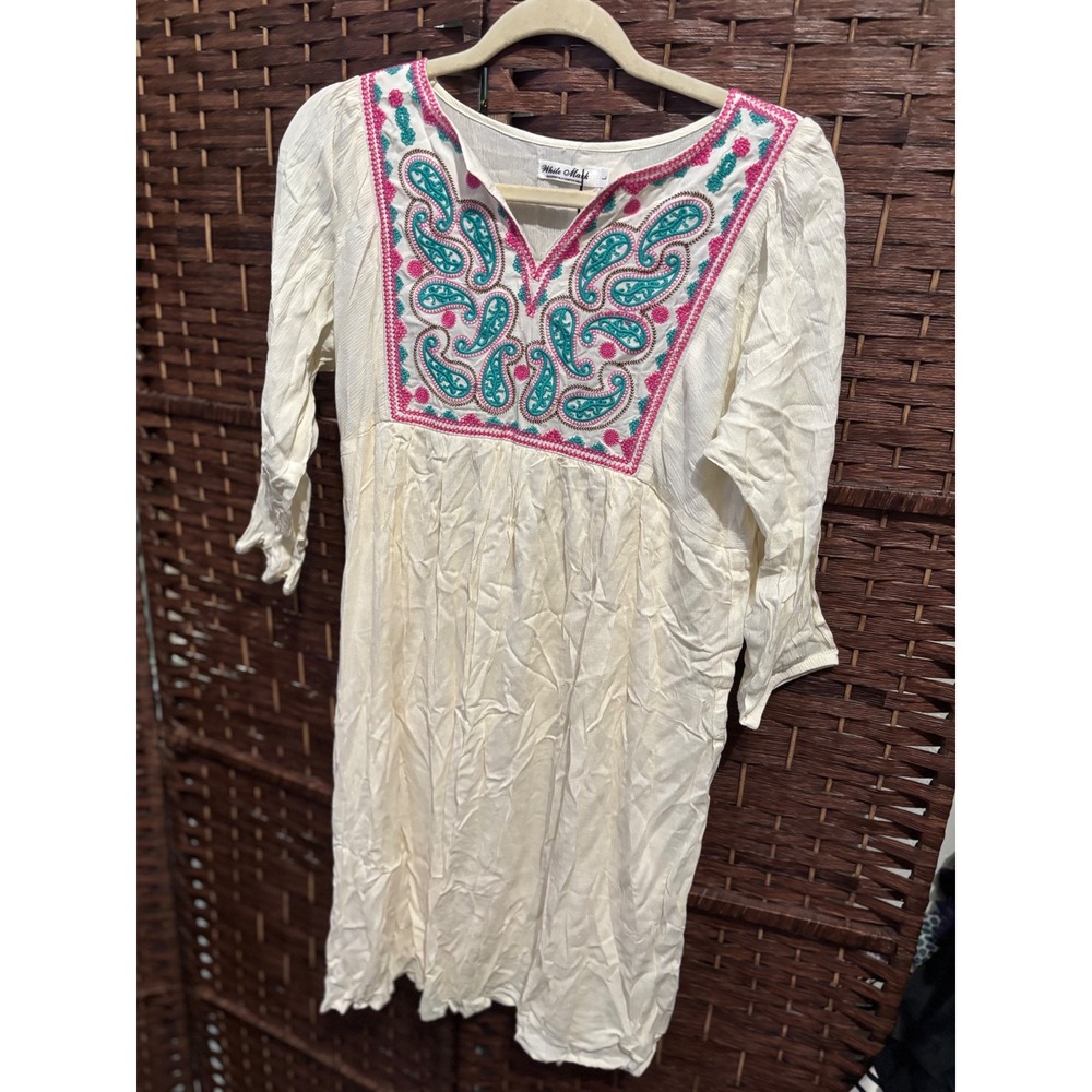 White Mark Dress L Embroidered Bohemian Paisley Cream‎ Teal Pink Casual